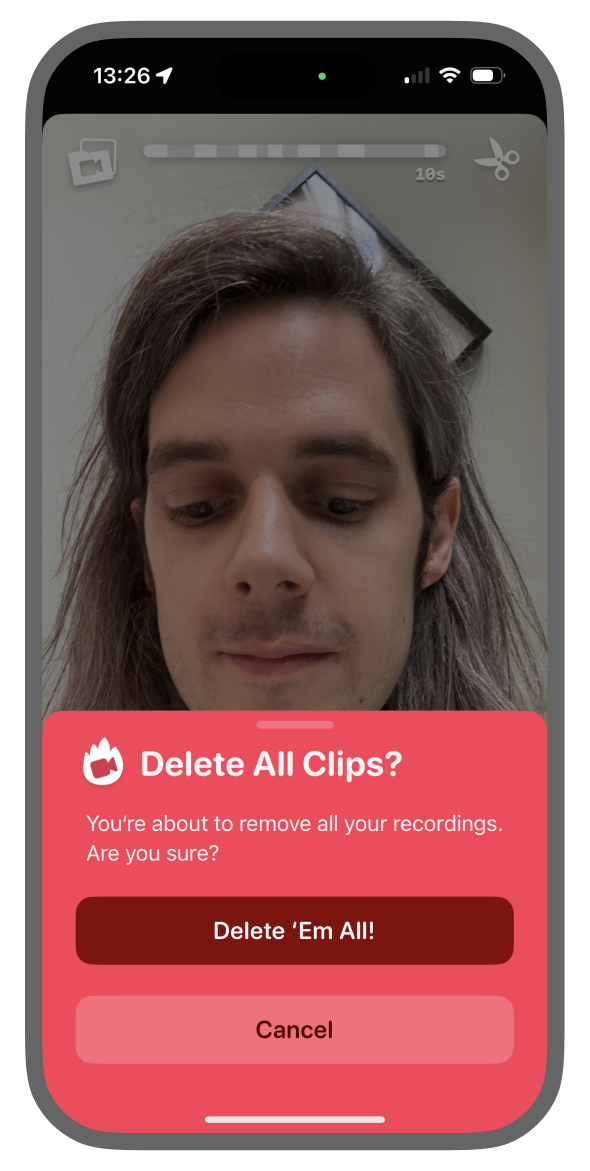 Screenshot of OK Video showing the confirmation panel to delete all clips