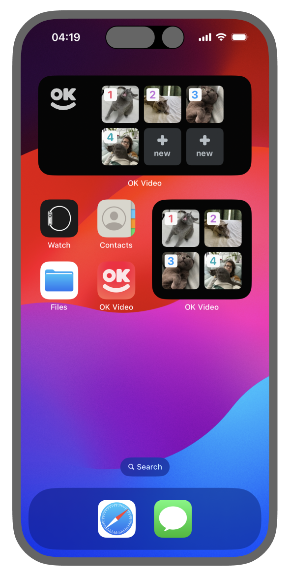 Screenshot of an iPhone’s homescreen featuring multiple OK Video widgets providing quick access to its projects